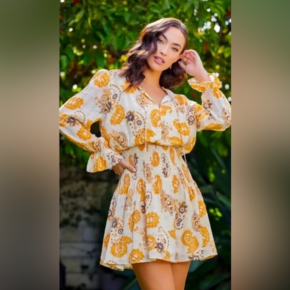 Bishop + Young Marmont boho paisley smocked-waist Mini Dress Size M